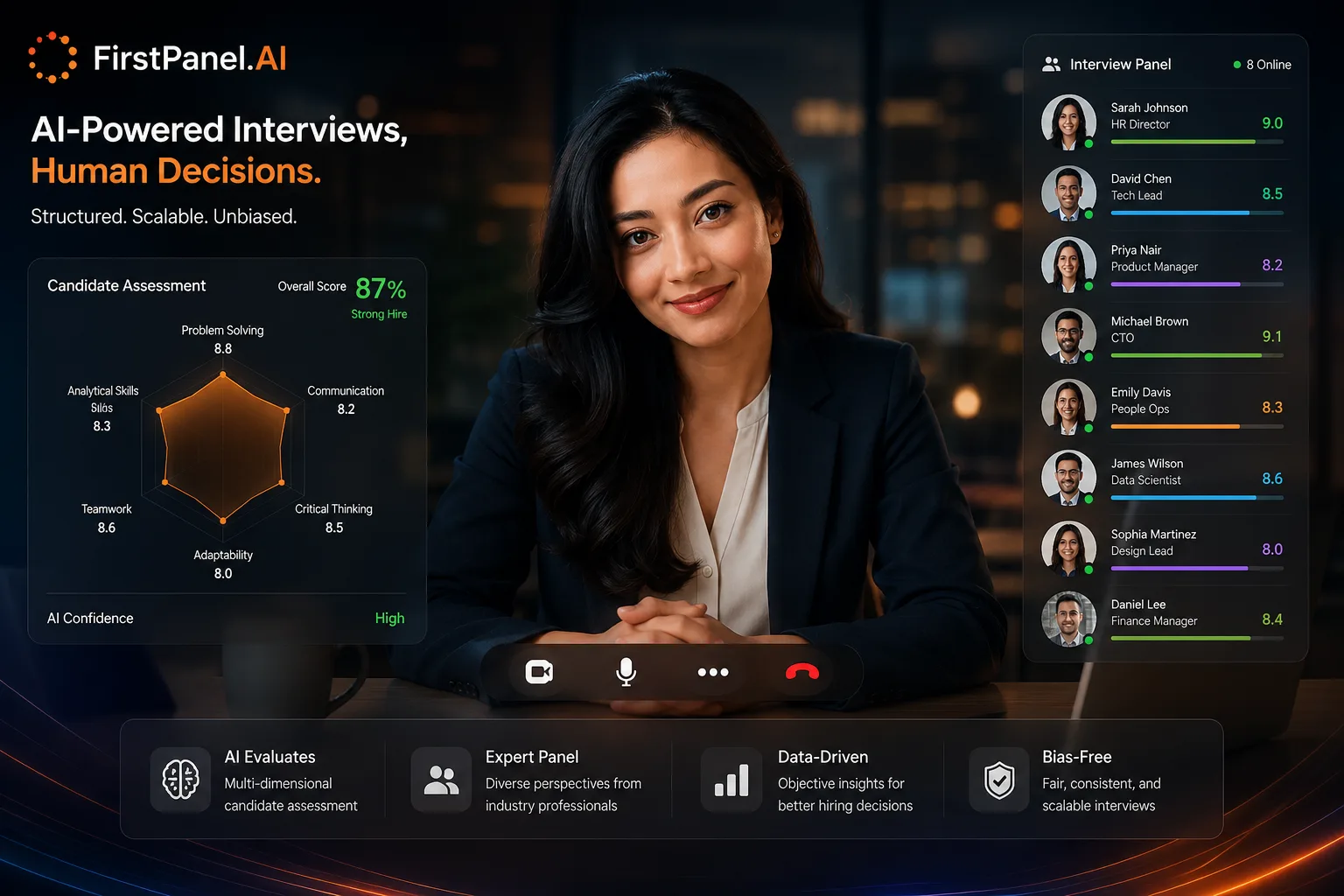 A candidate in a live FirstPanel video interview, scored across the eight MERIT-8 competencies
